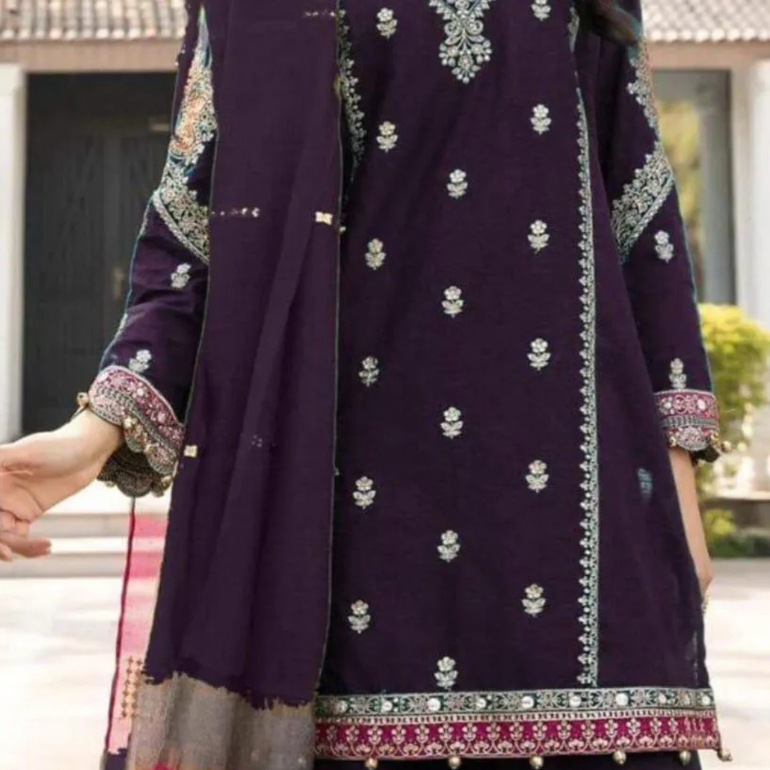 Purple Embroidered 3Pcs Lawn Suit for Eid Party Wear