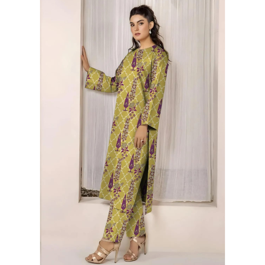 Women Printed Lawn Suit – Yellow & Purple Ethnic Daily Wear