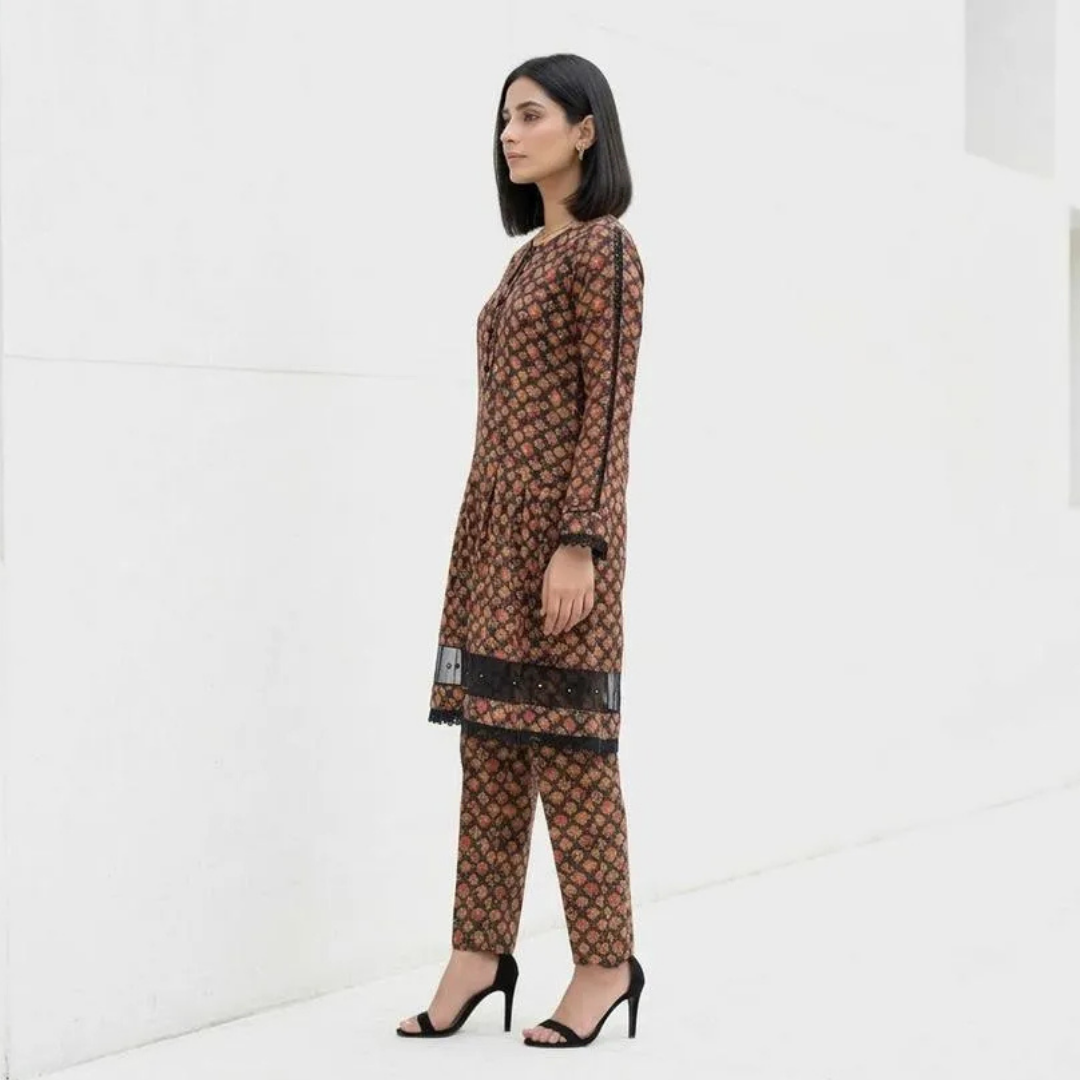 2 Pcs Women's Stitched Lawn Digital Print Frock And Trouser with Lace and Tissue