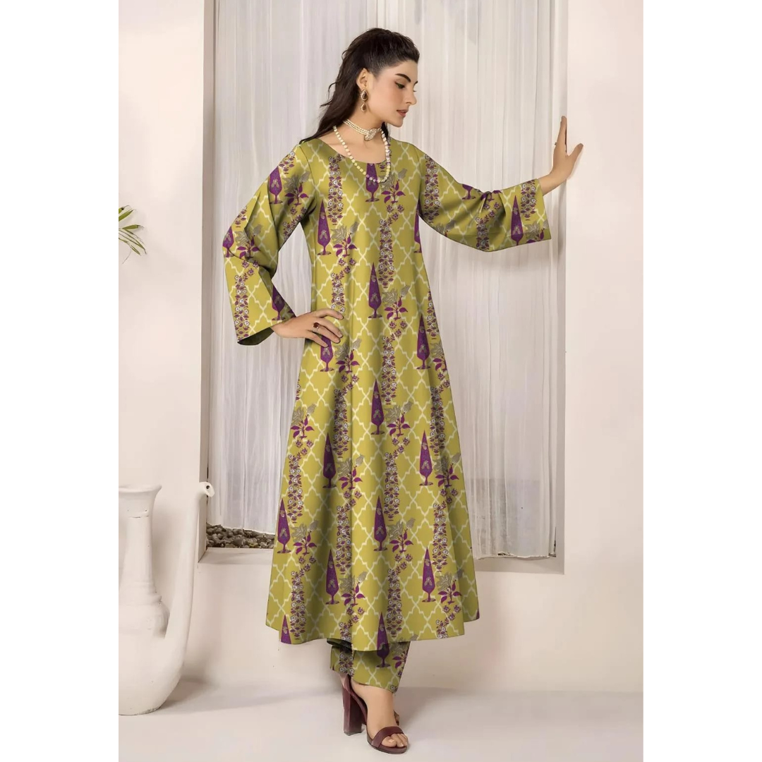 Women Printed Lawn Suit – Yellow & Purple Ethnic Daily Wear