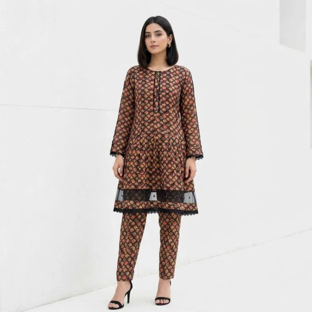 2 Pcs Women's Stitched Lawn Digital Print Frock And Trouser with Lace and Tissue