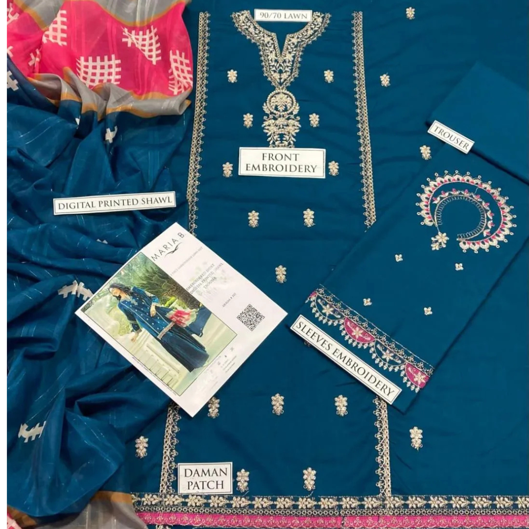 Turquoise Embroidered 3Pcs Lawn Suit for Eid Weddings