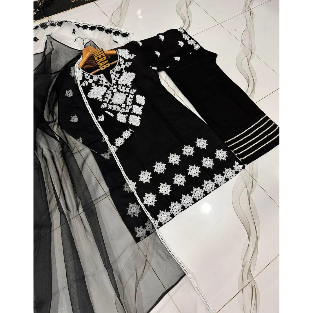 3 Pcs Women’s Stitched Cotton Embroidered Suit – Black