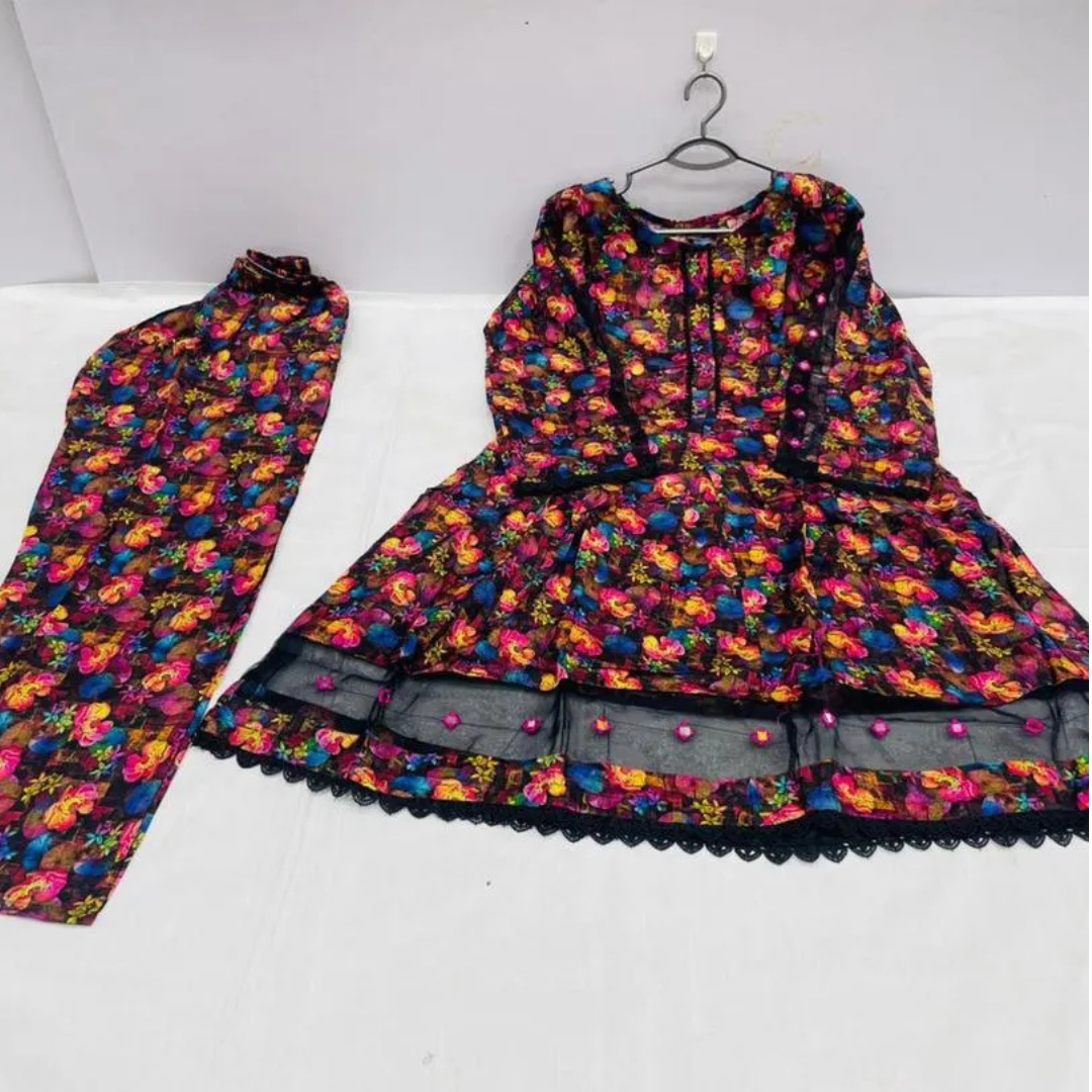 2 Pcs Women's Stitched Lawn Digital Print Frock And Trouser with Lace and Tissue