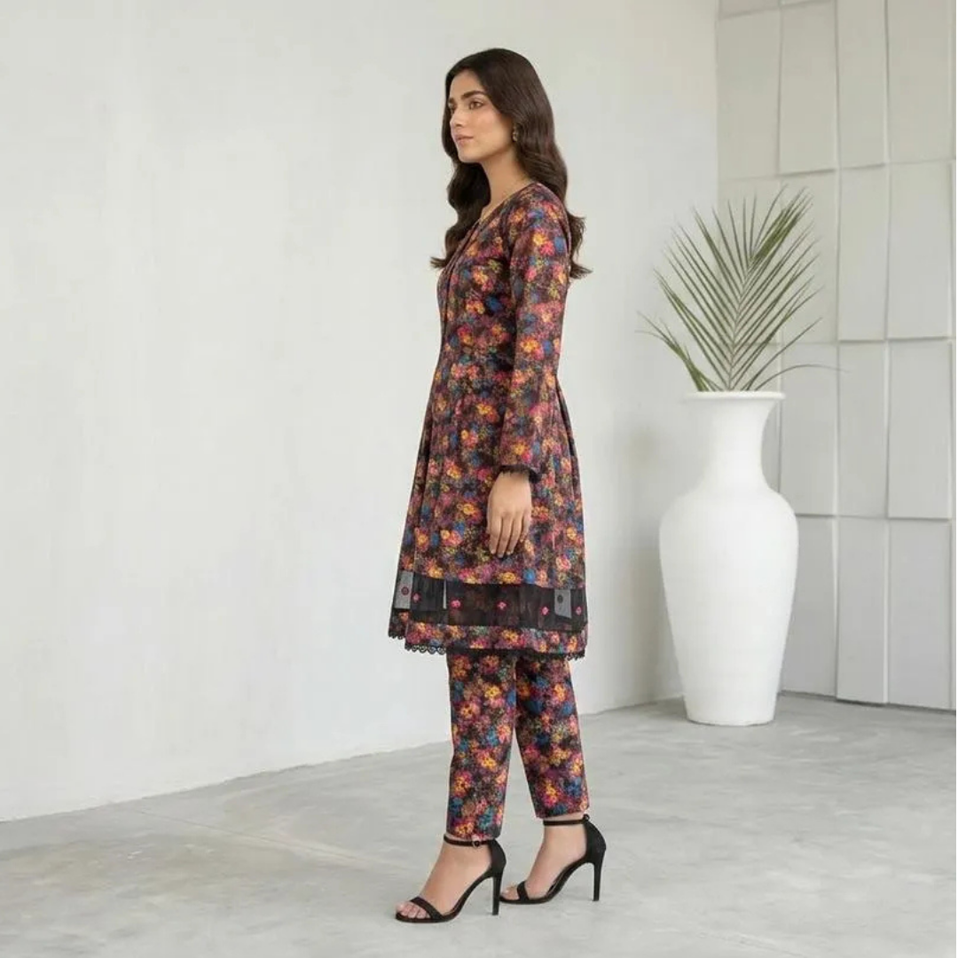 2 Pcs Women's Stitched Lawn Digital Print Frock And Trouser with Lace and Tissue