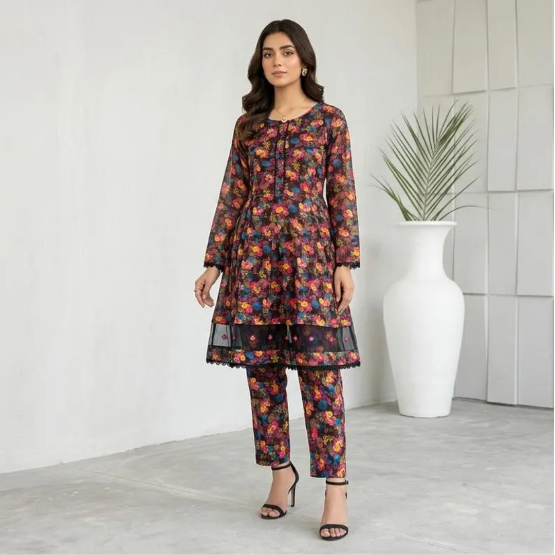 2 Pcs Women's Stitched Lawn Digital Print Frock And Trouser with Lace and Tissue