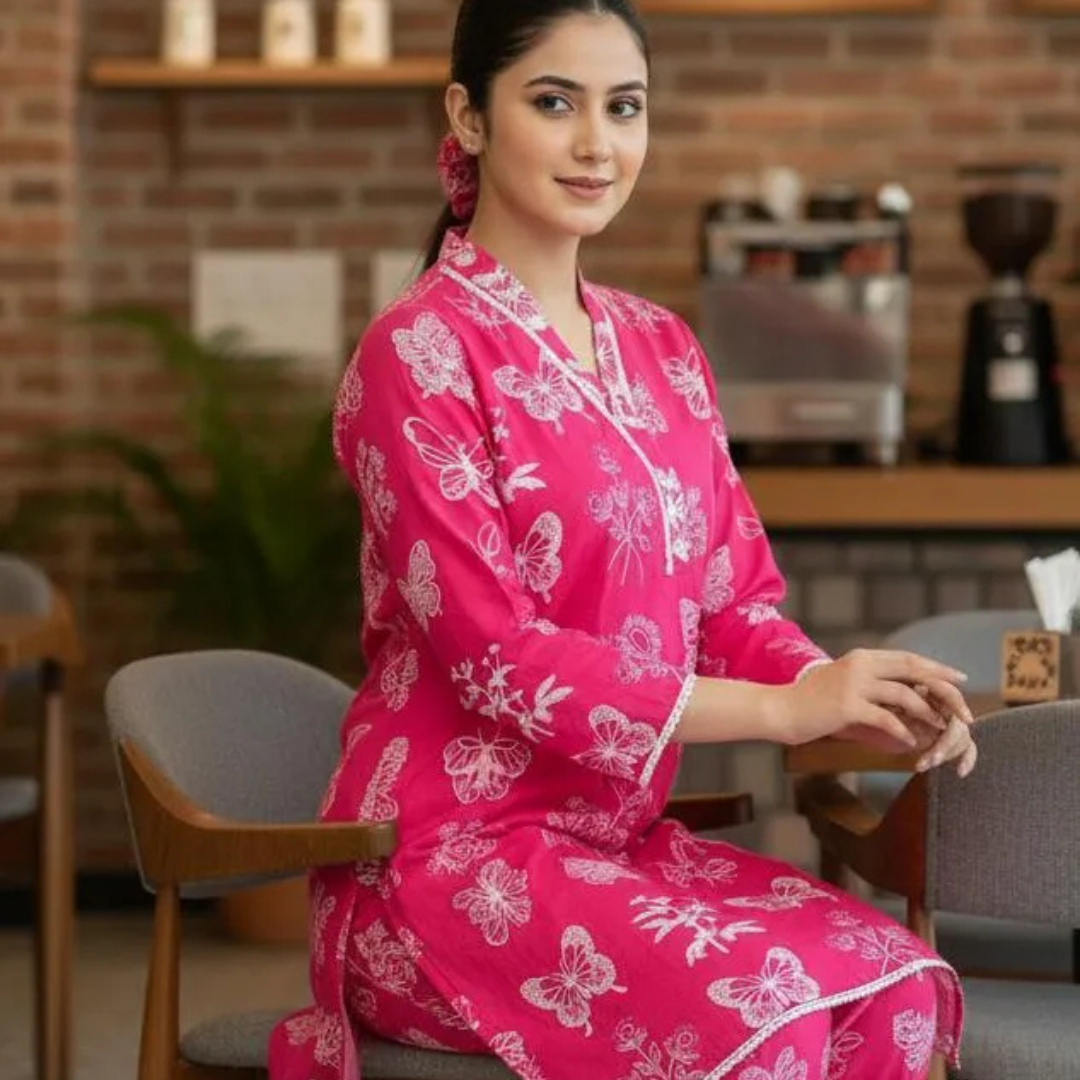 2 Pcs Women's Stitched Summer Linen Butterfly Printed Shirt And Trouser with Lace and FREE Scrunchie