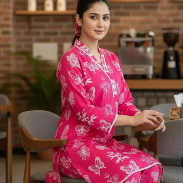2 Pcs Women's Stitched Summer Linen Butterfly Printed Shirt And Trouser with Lace and FREE Scrunchie