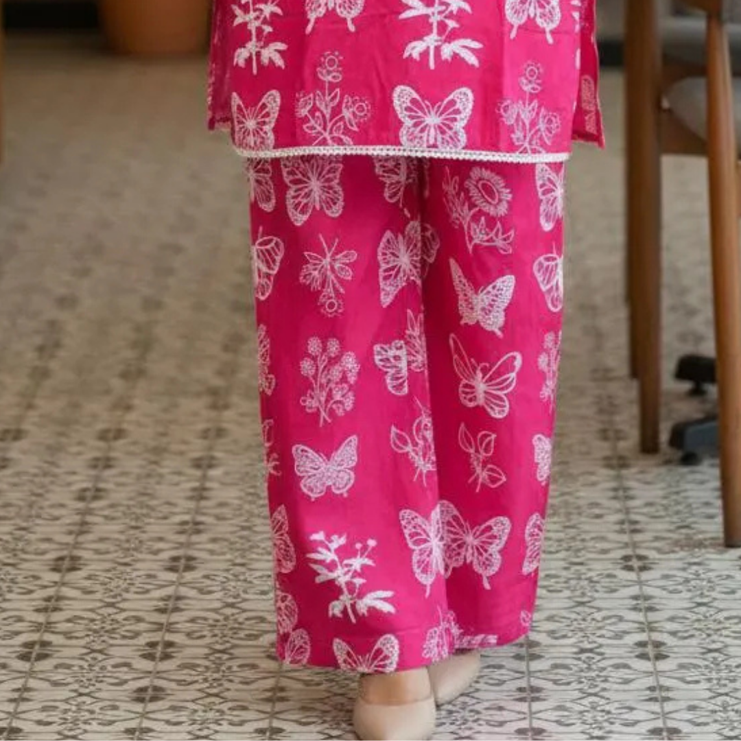 2 Pcs Women's Stitched Summer Linen Butterfly Printed Shirt And Trouser with Lace and FREE Scrunchie