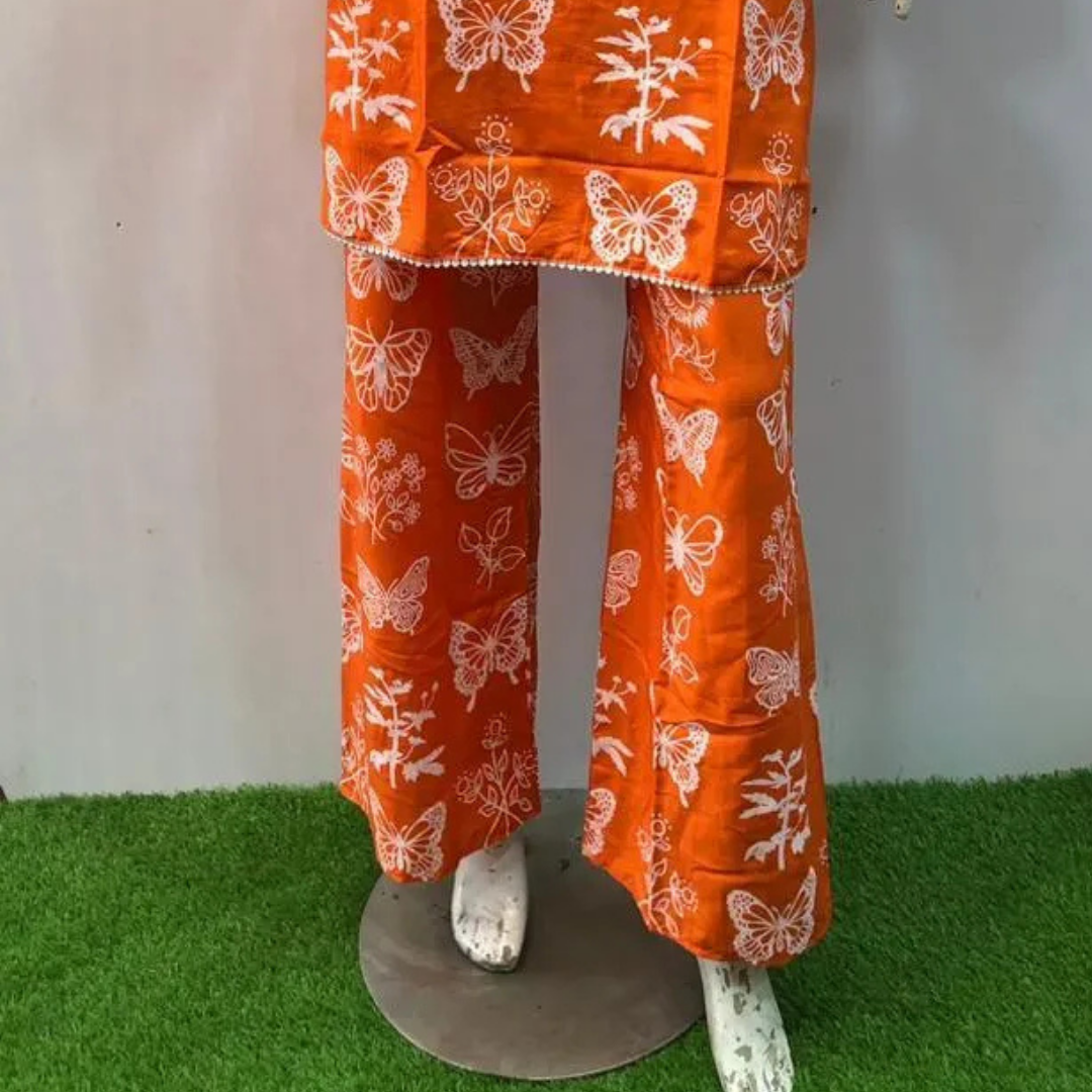 2 Pcs Women's Stitched Summer Linen Butterfly Printed Shirt And Trouser with Lace and FREE Scrunchie