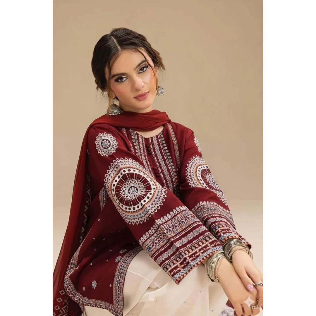 Red Embroidered 3 Pcs Women's Lawn Suit