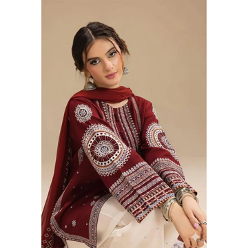 Red Embroidered 3 Pcs Women's Lawn Suit