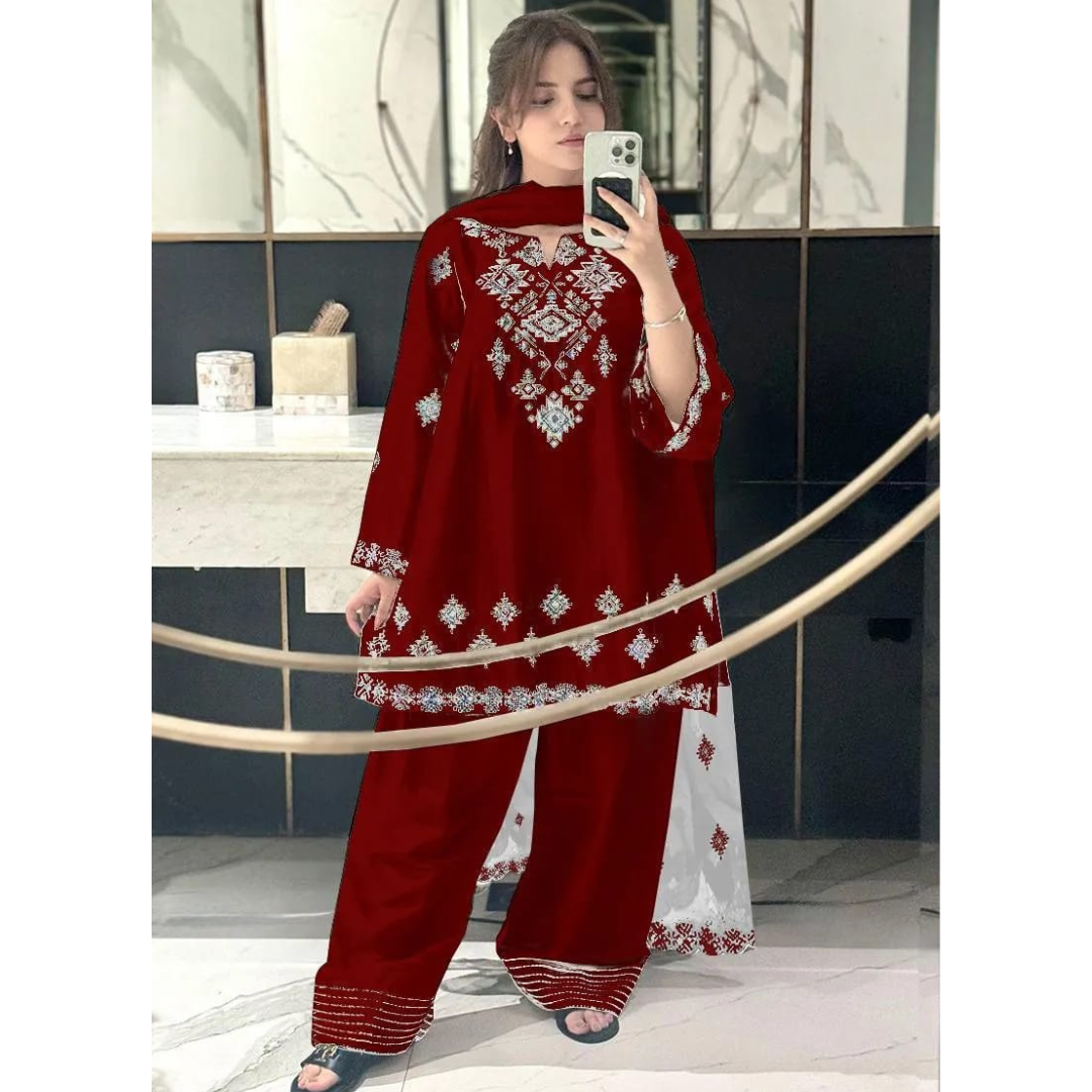3 Pcs Women's Stitched Cotton Embroidered Suit -- Maroon