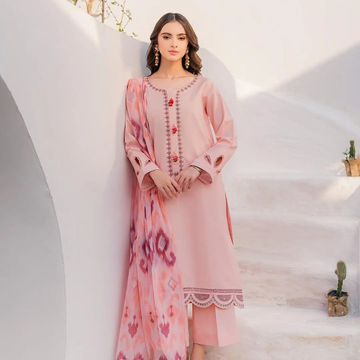Women Embroidered Suit – Pink Dhanak Wool Dupatta 3 Pcs