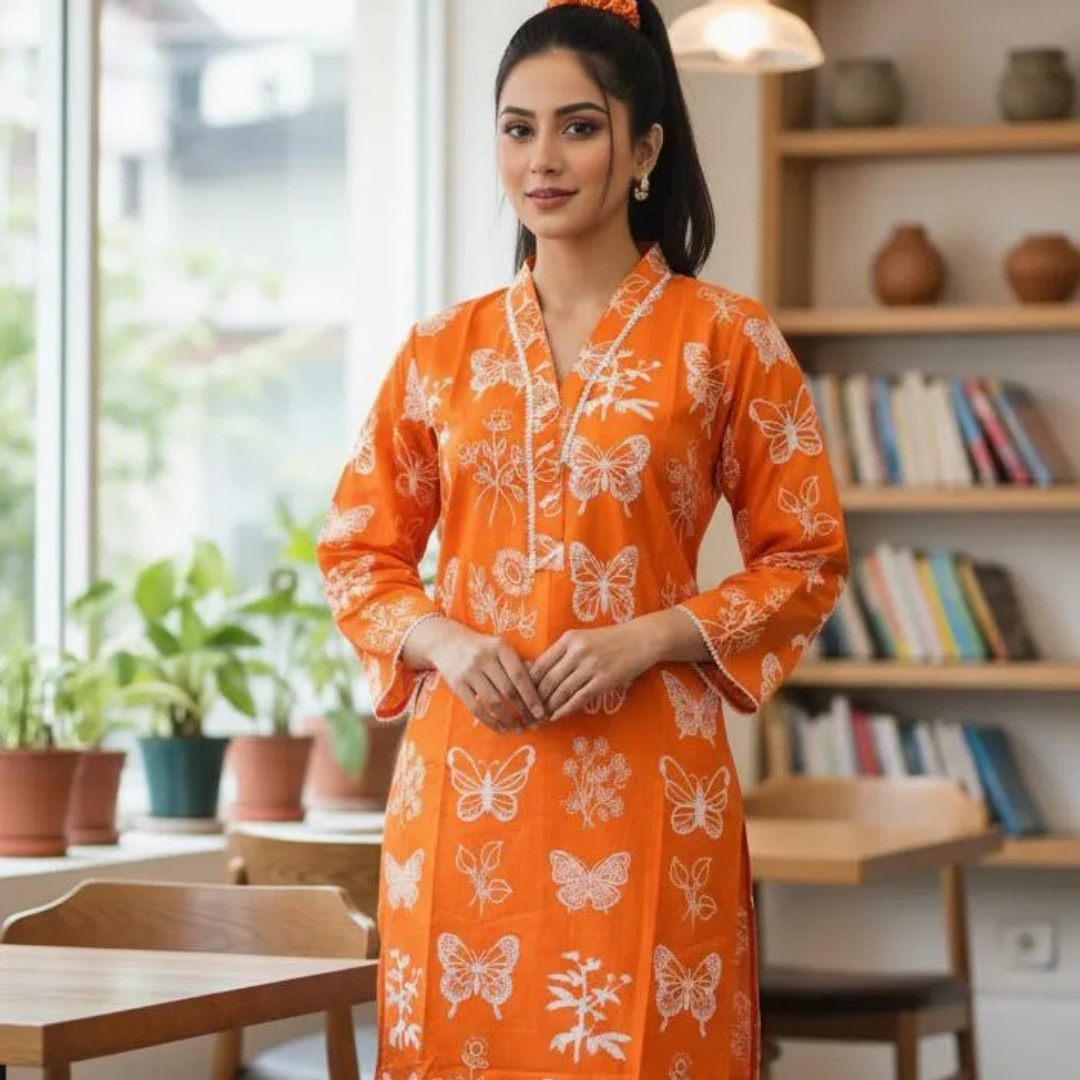 2 Pcs Women's Stitched Summer Linen Butterfly Printed Shirt And Trouser with Lace and FREE Scrunchie