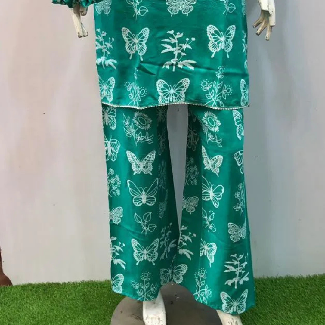 2 Pcs Women's Stitched Summer Linen Butterfly Printed Shirt And Trouser with Lace and FREE Scrunchie