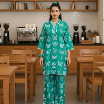 2 Pcs Women's Stitched Summer Linen Butterfly Printed Shirt And Trouser with Lace and FREE Scrunchie