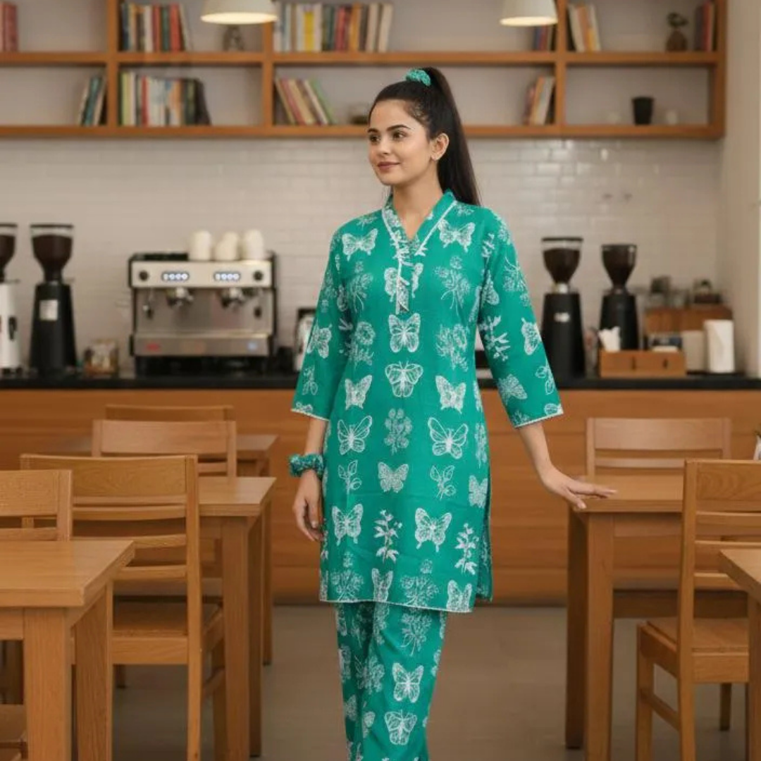 2 Pcs Women's Stitched Summer Linen Butterfly Printed Shirt And Trouser with Lace and FREE Scrunchie