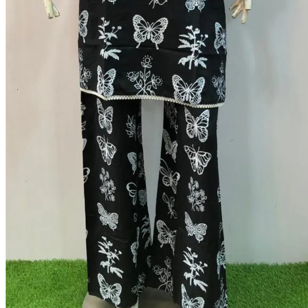 2 Pcs Women's Stitched Summer Linen Butterfly Printed Shirt And Trouser with Lace and FREE Scrunchie