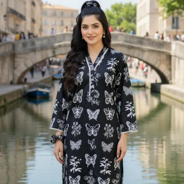 2 Pcs Women's Stitched Summer Linen Butterfly Printed Shirt And Trouser with Lace and FREE Scrunchie