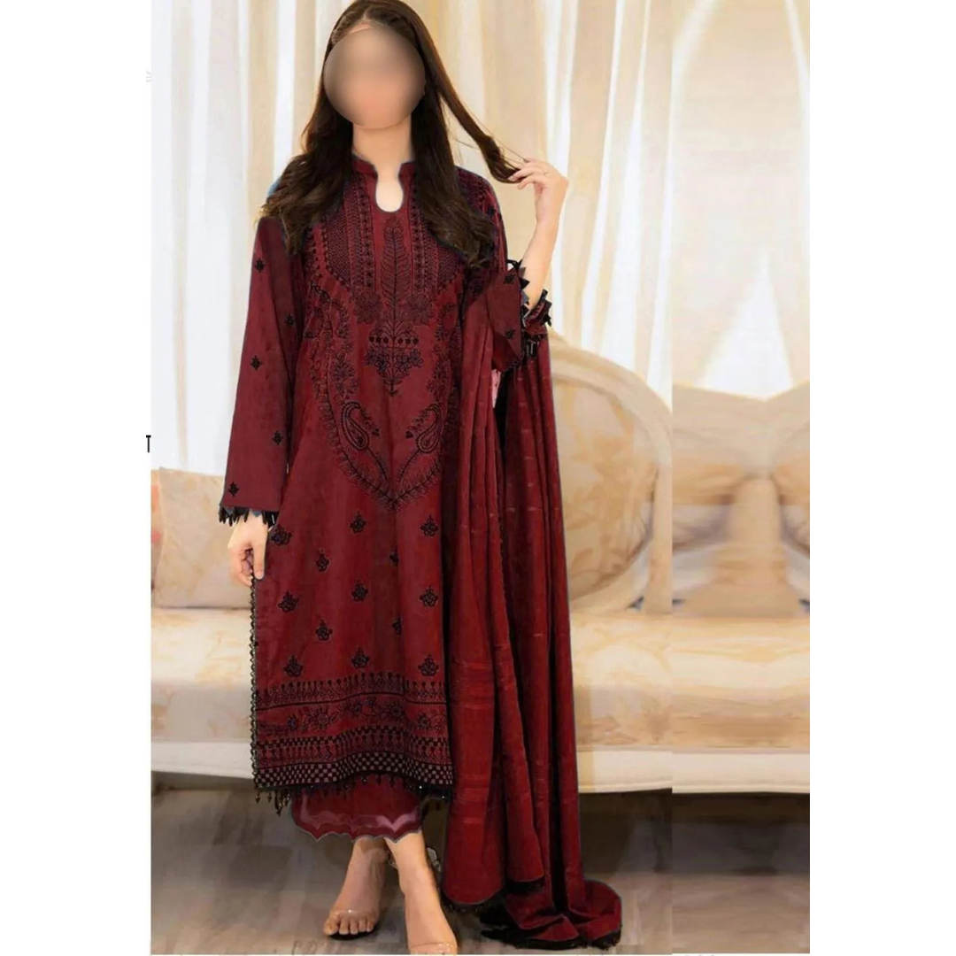 Maroon Embroidered Women's Lawn Suit – 3 Pcs Eid Festive Wear