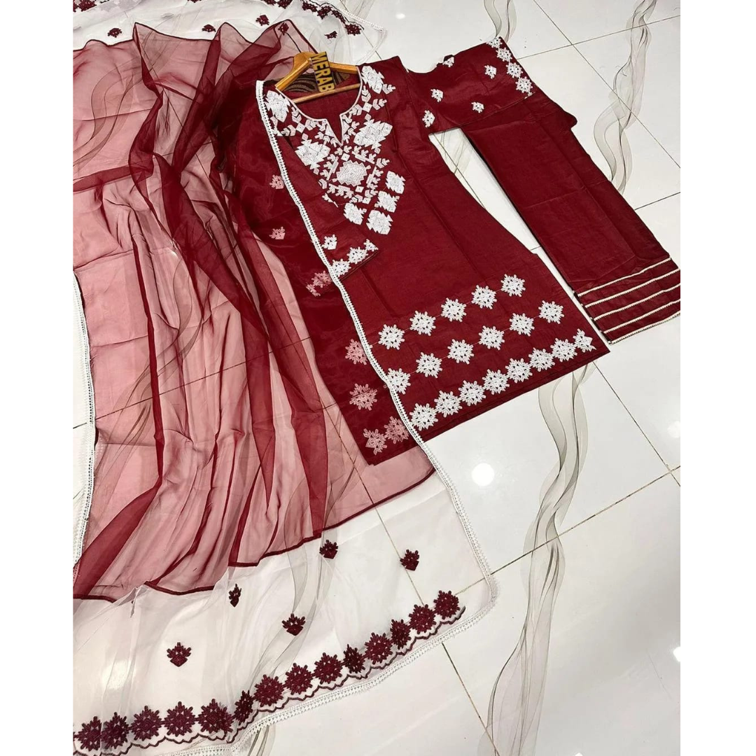 3 Pcs Women's Stitched Cotton Embroidered Suit -- Maroon