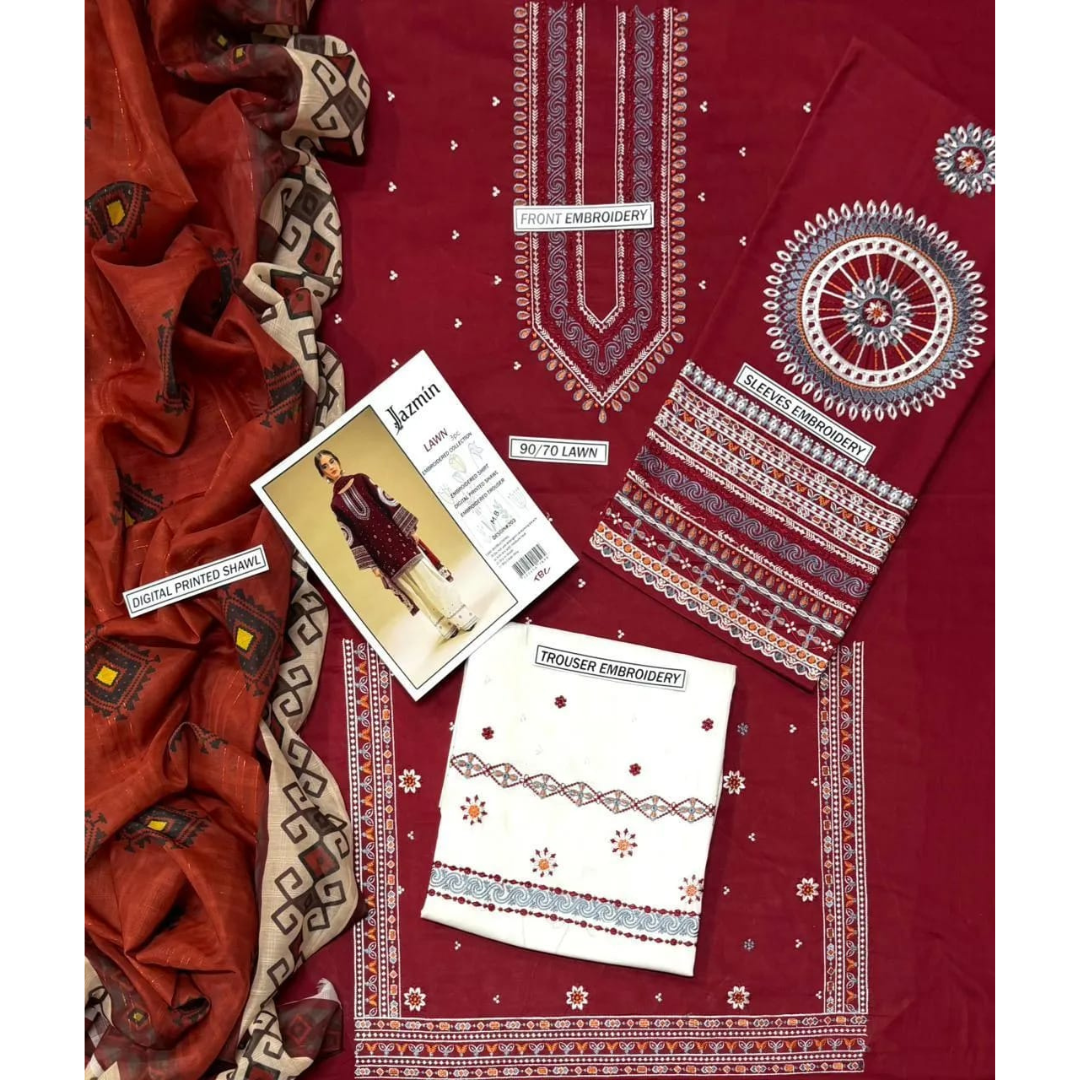 Red Embroidered 3 Pcs Women's Lawn Suit