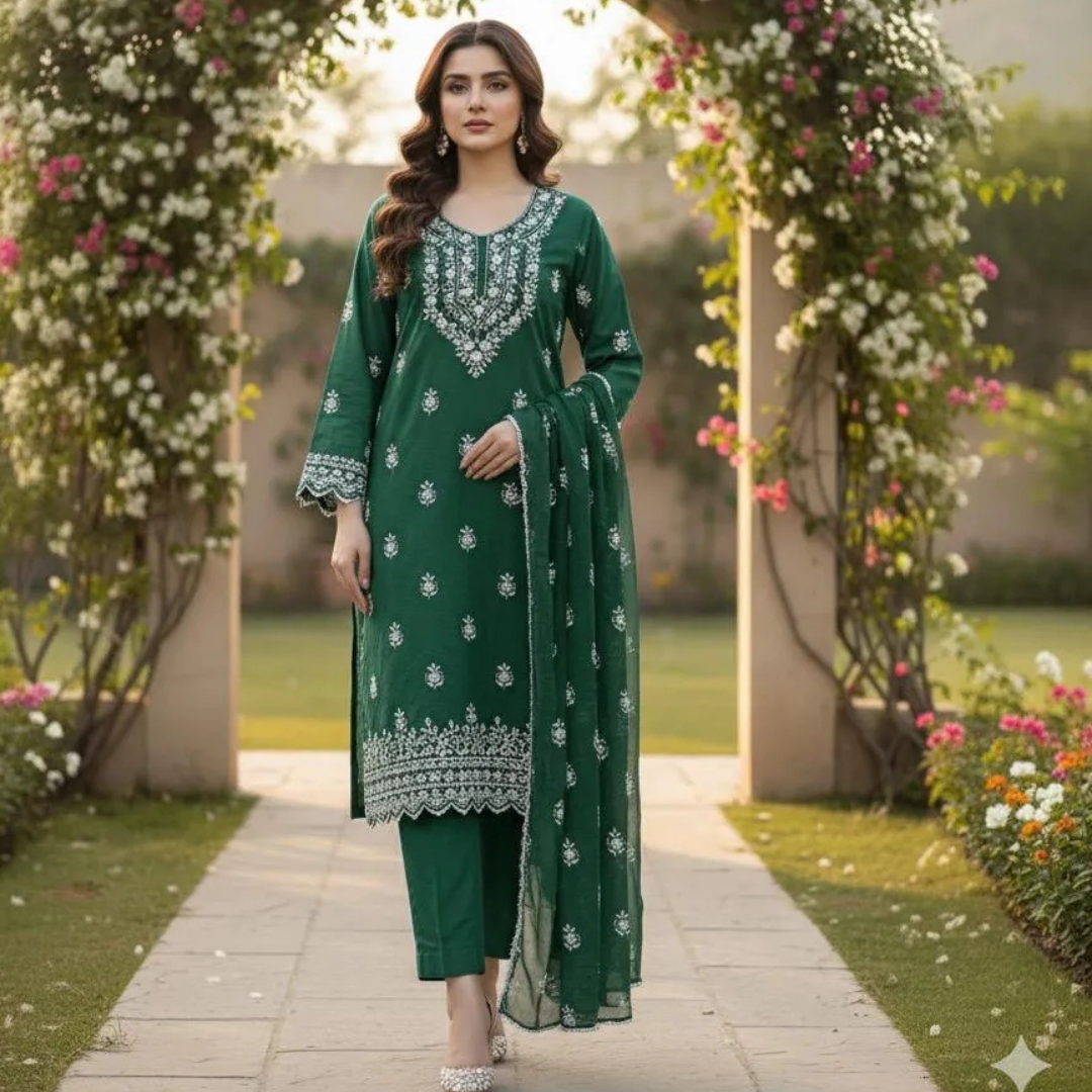 Turquoise Embroidered 3Pcs Lawn Suit for Eid Weddings