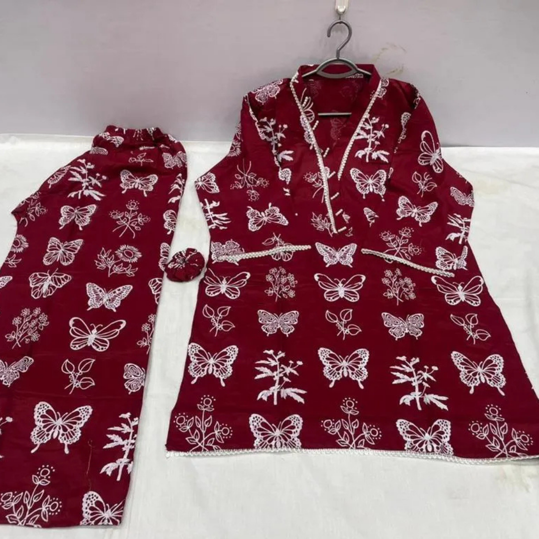2 Pcs Women's Stitched Linen Buterfly Printed Shirt And Trouser with Lace and free Scrunchie