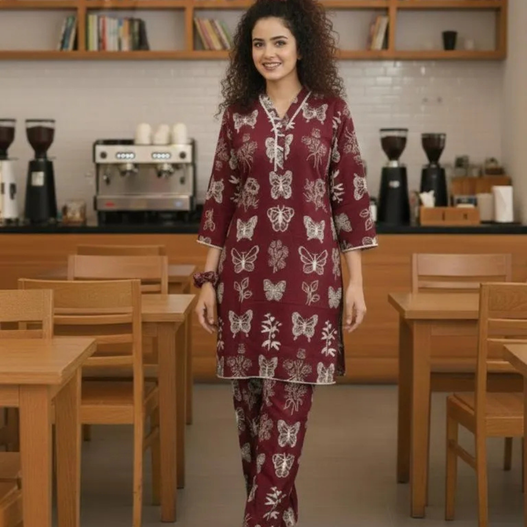 2 Pcs Women's Stitched Linen Buterfly Printed Shirt And Trouser with Lace and free Scrunchie