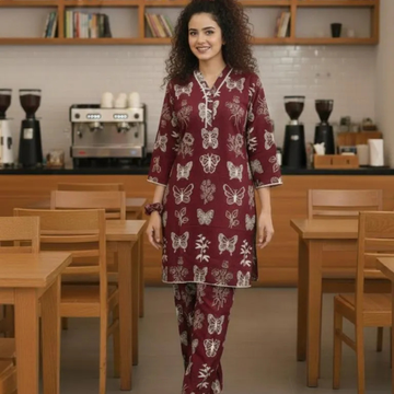 2 Pcs Women's Stitched Linen Buterfly Printed Shirt And Trouser with Lace and free Scrunchie