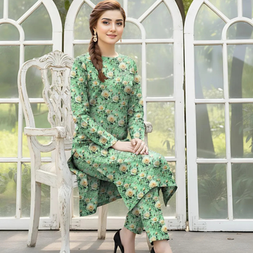 Green Printed 2-Piece Women's Suit Khaddar
