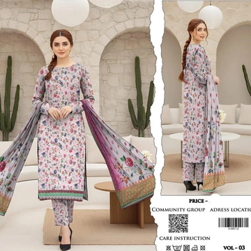 Women's 3Pcs Printed Khaddar Suit Off White