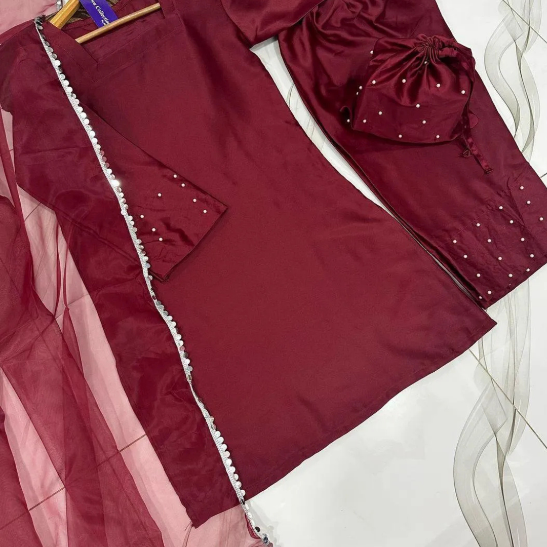 3 Pcs Women's Stitched Shamoz Silk Lace Work Suit
