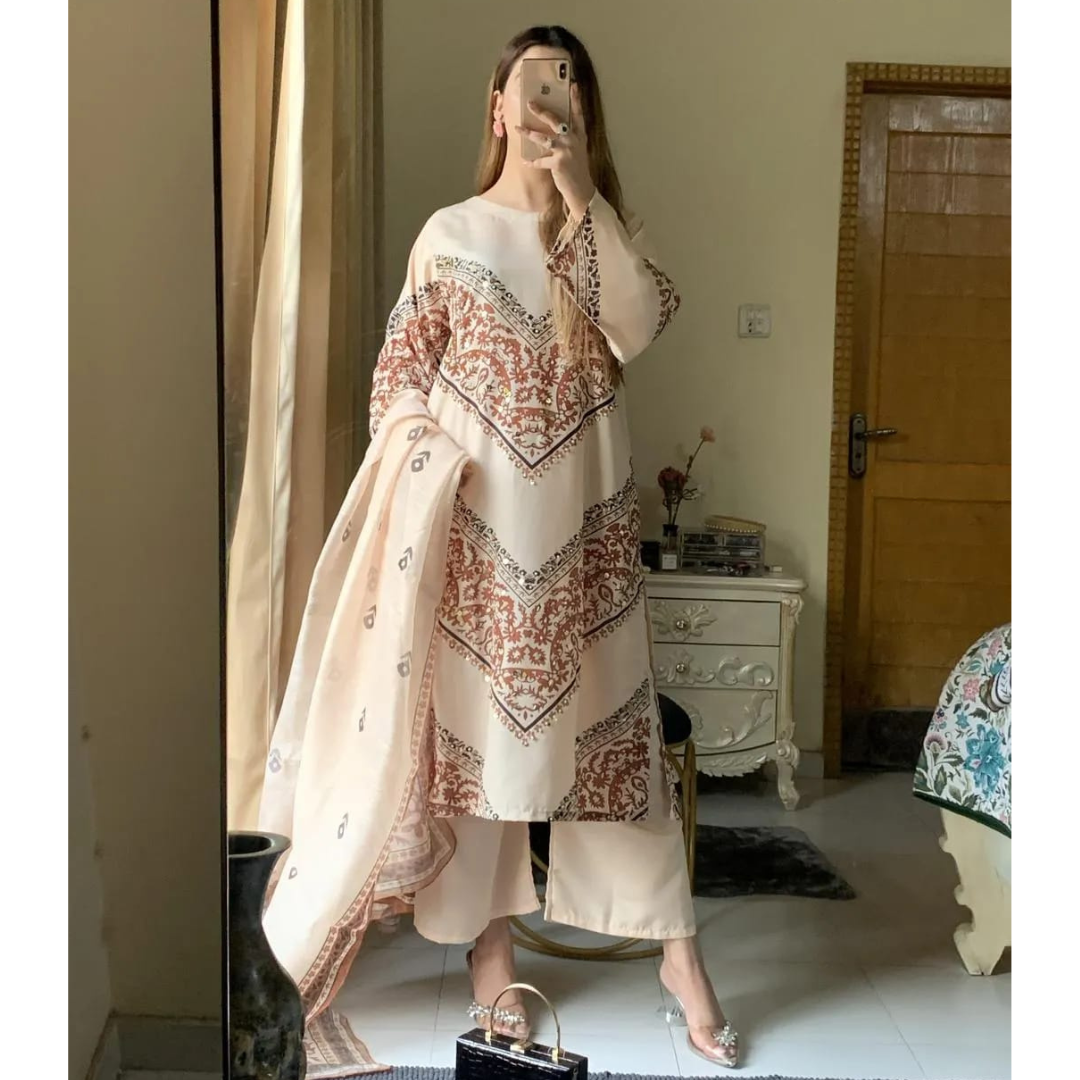 3 Pcs Women’s Stitched Arabic Lawn Printed Suit