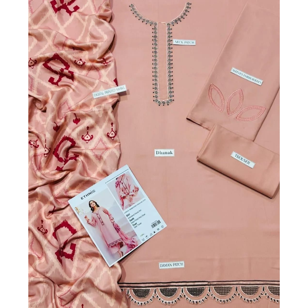 Women Embroidered Suit – Pink Dhanak Wool Dupatta 3 Pcs