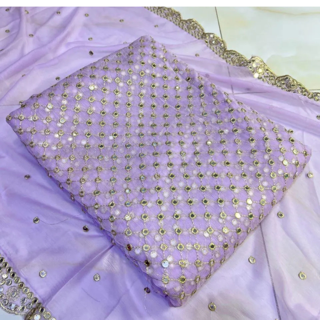 Lilac Sequins Embroidered Chiffon 3Pcs Suit