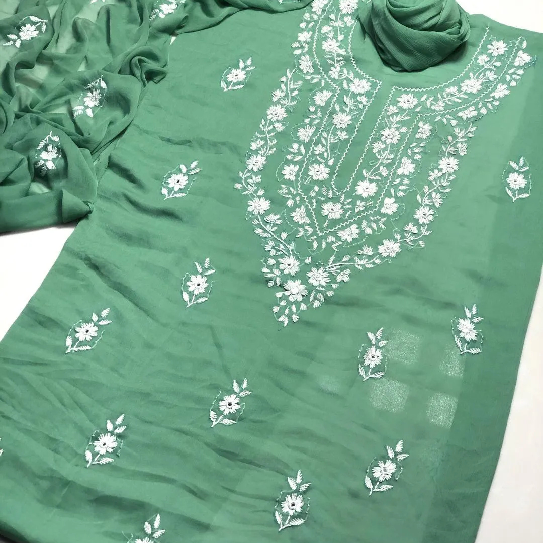 Green Chiffon Handwork 2Pcs Women Suit