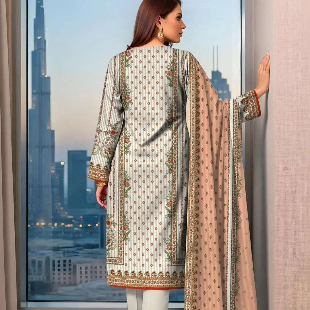 3 Pcs Women's Printed Dobby Lawn Suit White