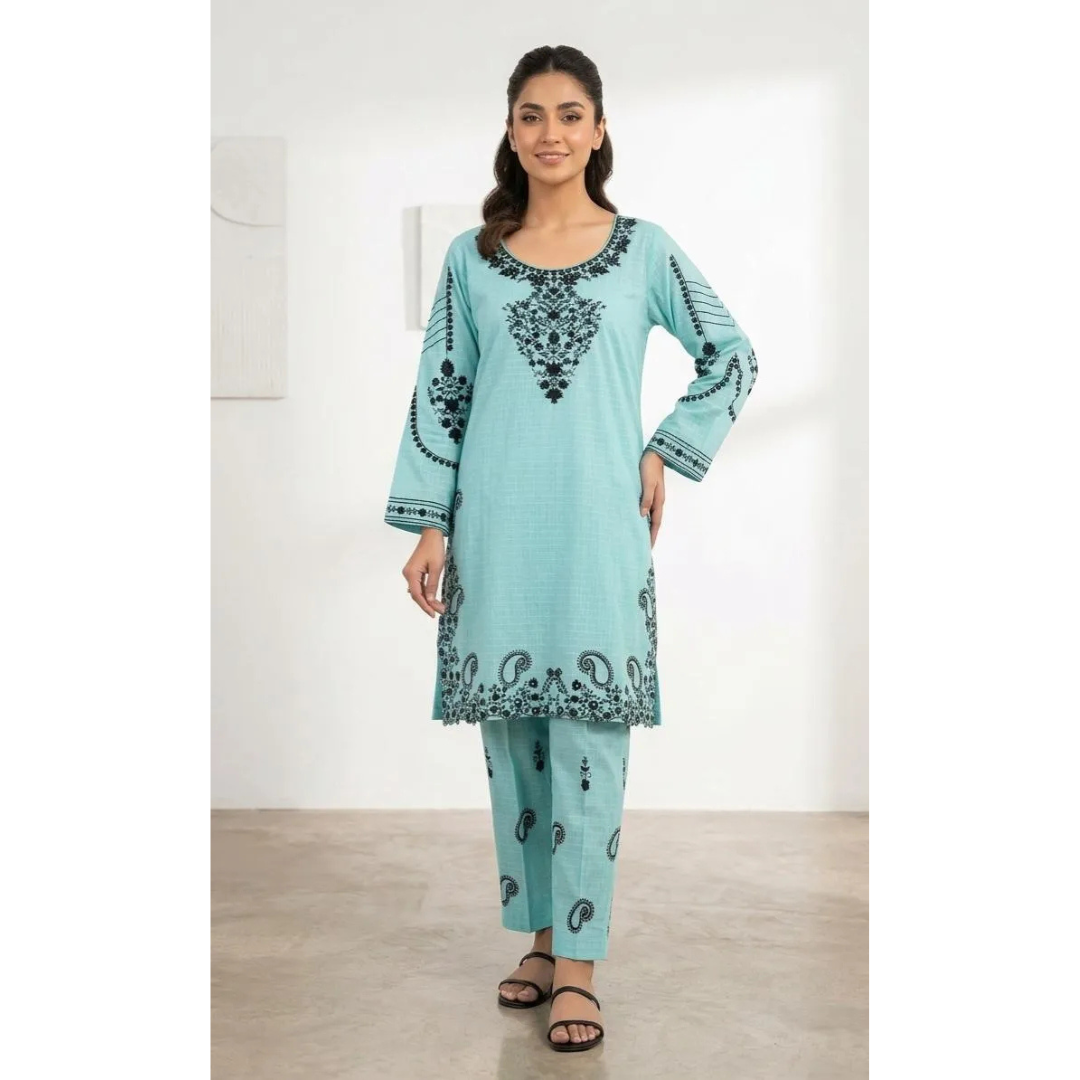 2 Pcs Women's Stitched Cotton Lawn Embroidered Shirt & Trouser