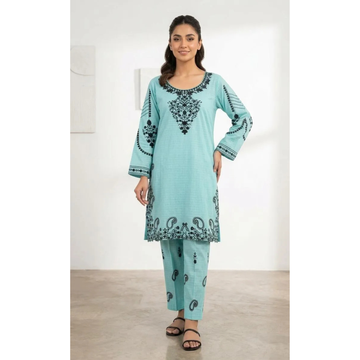 2 Pcs Women's Stitched Cotton Lawn Embroidered Shirt & Trouser