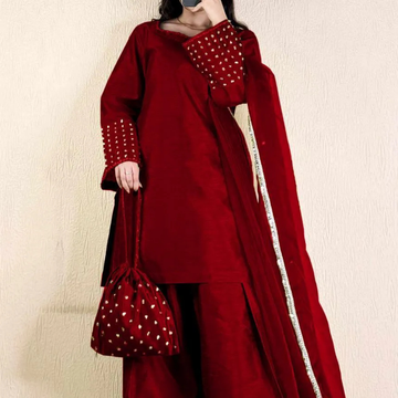 3 Pcs Women's Stitched Shamoz Silk Lace Work Suit