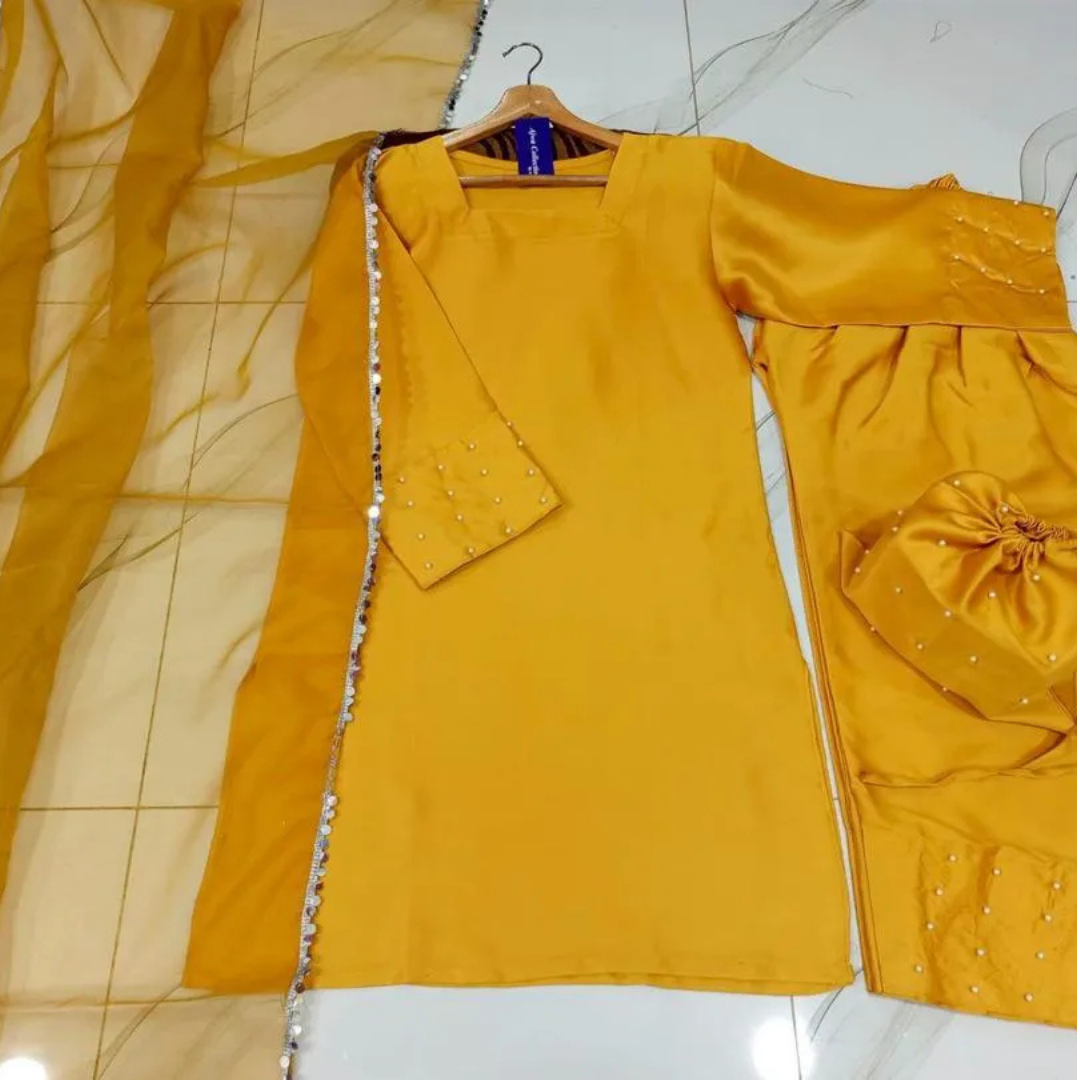 3 Pcs Women's Stitched Shamoz Silk Lace Work Suit