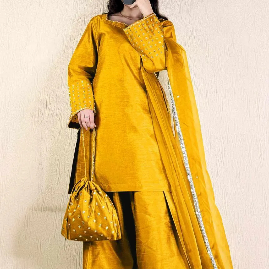 3 Pcs Women's Stitched Shamoz Silk Lace Work Suit