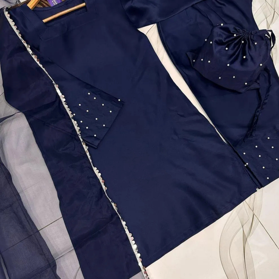 3 Pcs Women's Stitched Shamoz Silk Lace Work Suit