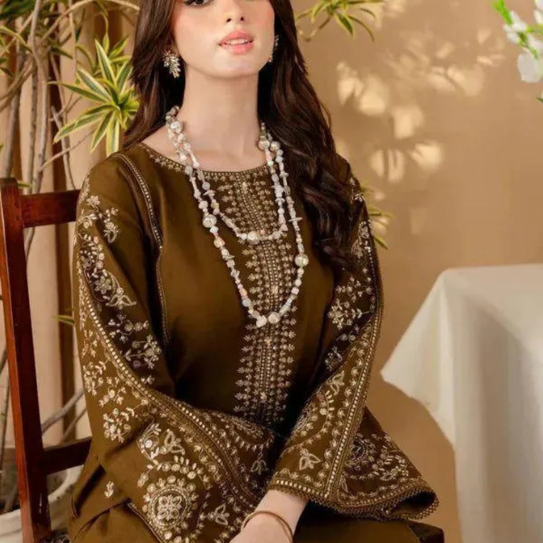 Brown Embroidered Women's 2 Pc Lawn Suit