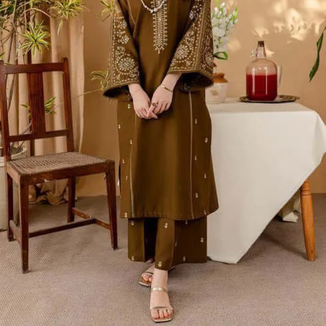 Brown Embroidered Women's 2 Pc Lawn Suit