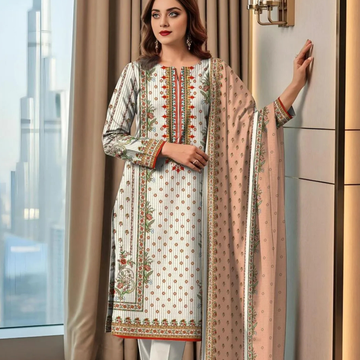3 Pcs Women's Printed Dobby Lawn Suit White