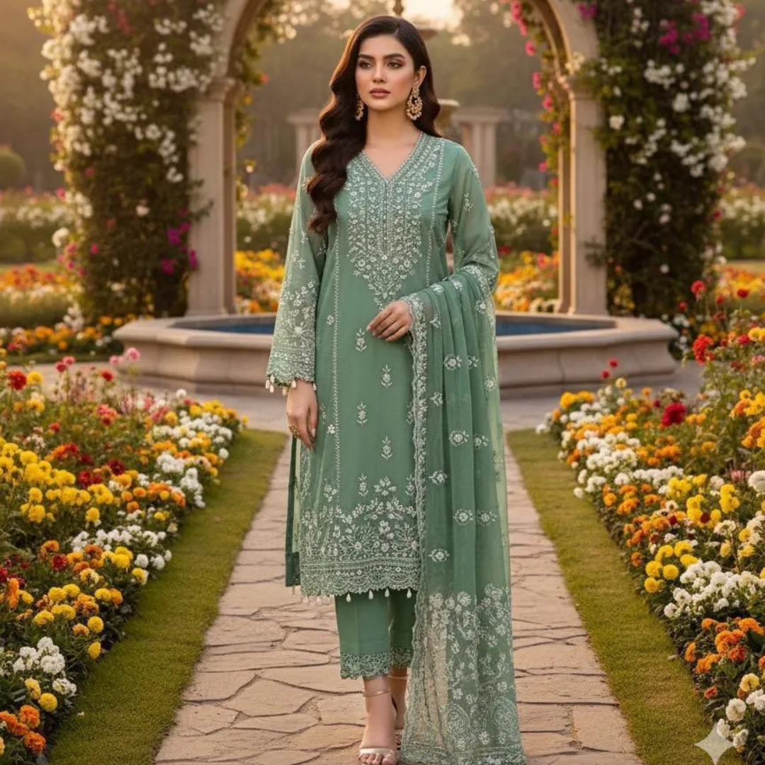 Green Chiffon Handwork 2Pcs Women Suit