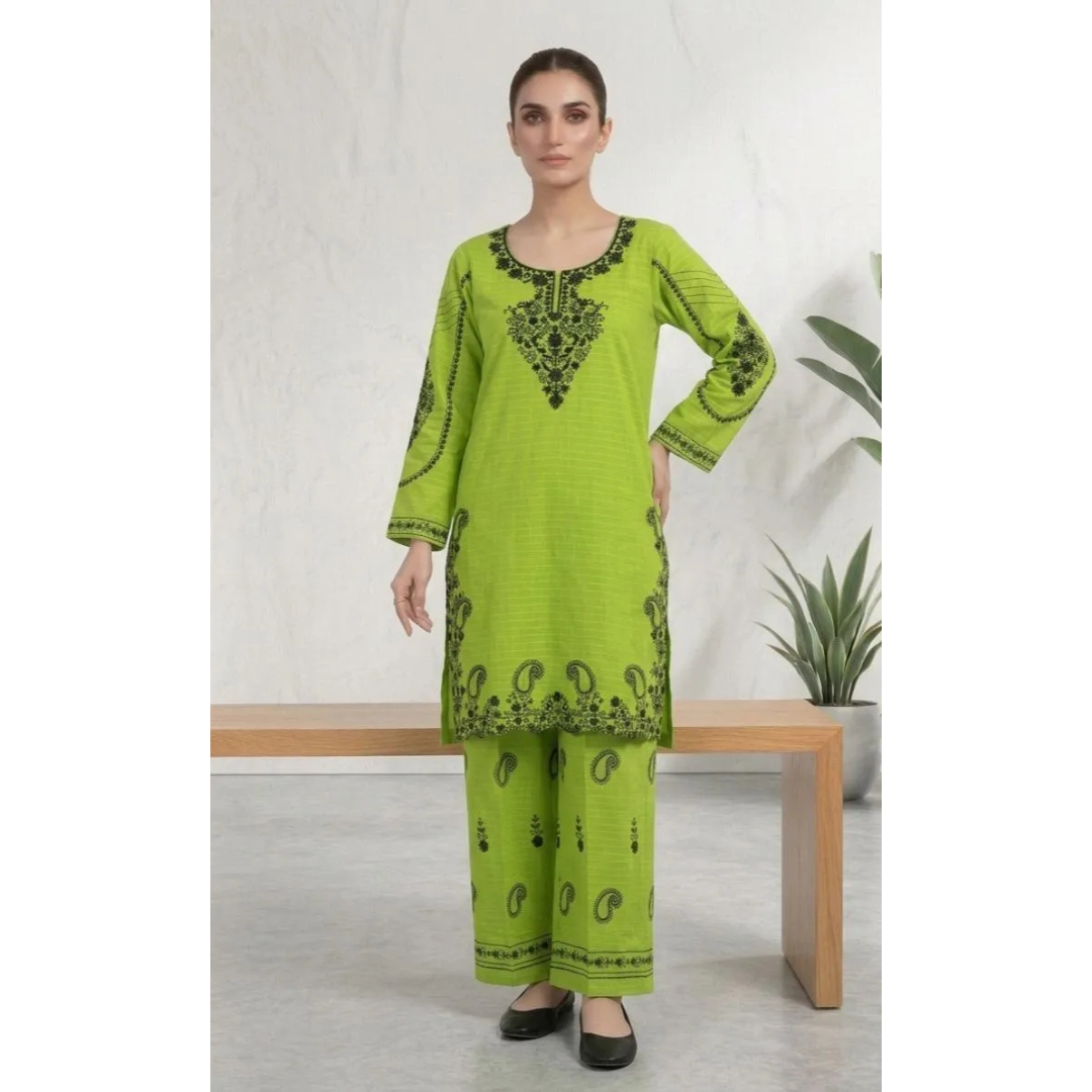 2 Pcs Women's Stitched Cotton Lawn Embroidered Shirt & Trouser